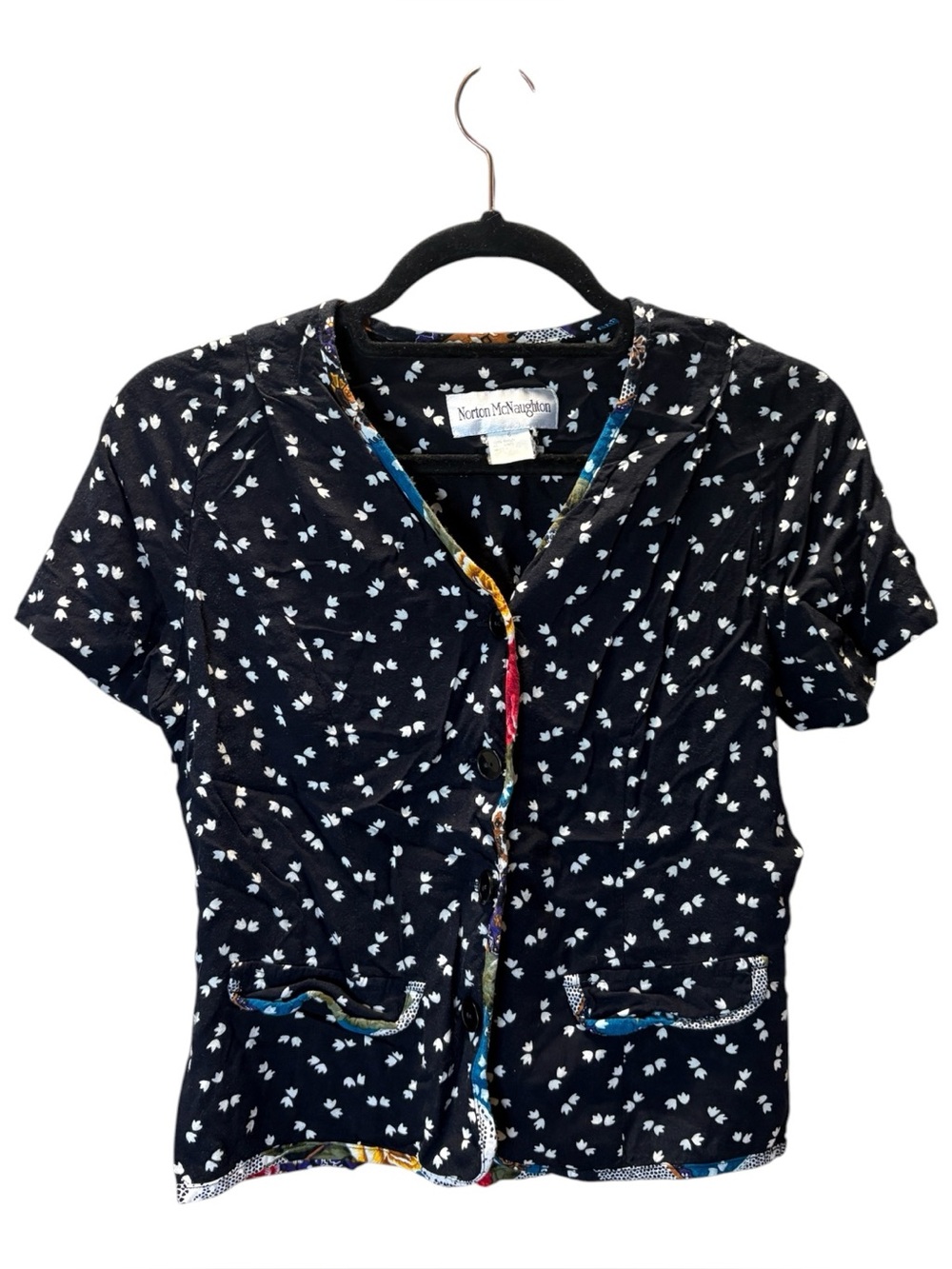 Norton McNaughton Black Short-Sleeve Button-Front Top with White Floral Print